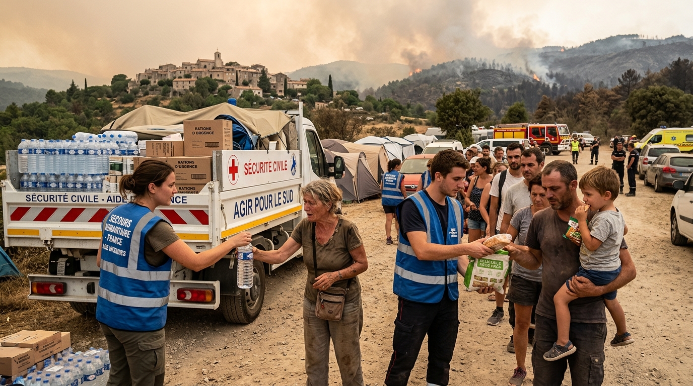 dans le var, des bénévoles unissent leurs forces en distribuant eau et nourriture pour venir en aide aux victimes des incendies, apportant soutien et solidarité aux sinistrés.
