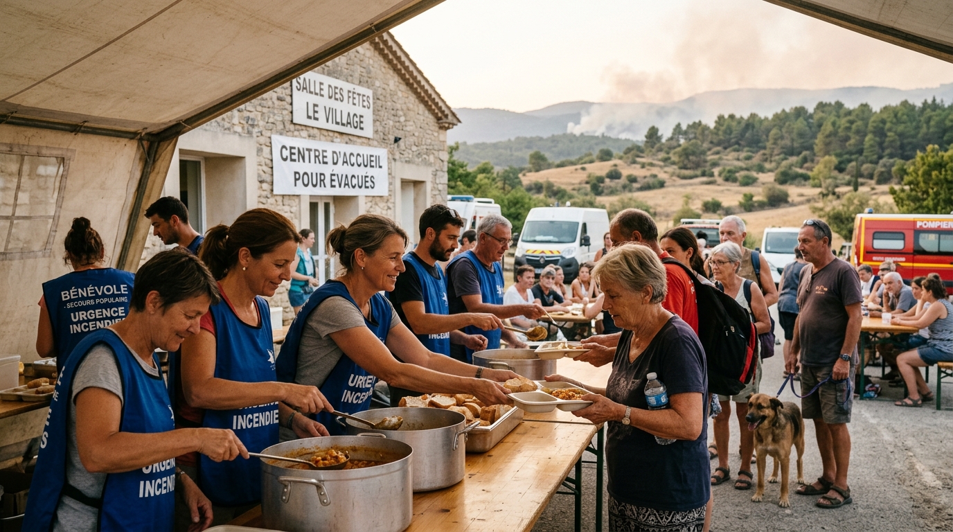 des bénévoles du var s'organisent pour apporter eau et nourriture aux victimes de l'incendie, offrant un soutien essentiel aux sinistrés dans cette période difficile.